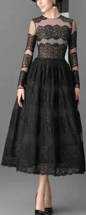 Black Lace-Paneled Fit & Flare Midi Dress