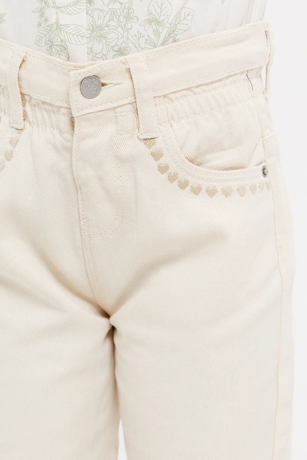 Girls Beige Moms Fit Jeans