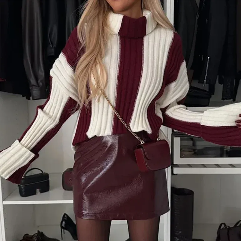UAKISS  -  Striped Patchwork Loose Simple Sweaters, Women Autumn Winter Long Sleeve Fashion Tops, 2024 Turtleneck Casual Ladies Pullovers