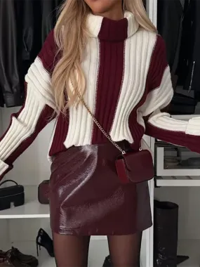 UAKISS  -  Striped Patchwork Loose Simple Sweaters, Women Autumn Winter Long Sleeve Fashion Tops, 2024 Turtleneck Casual Ladies Pullovers