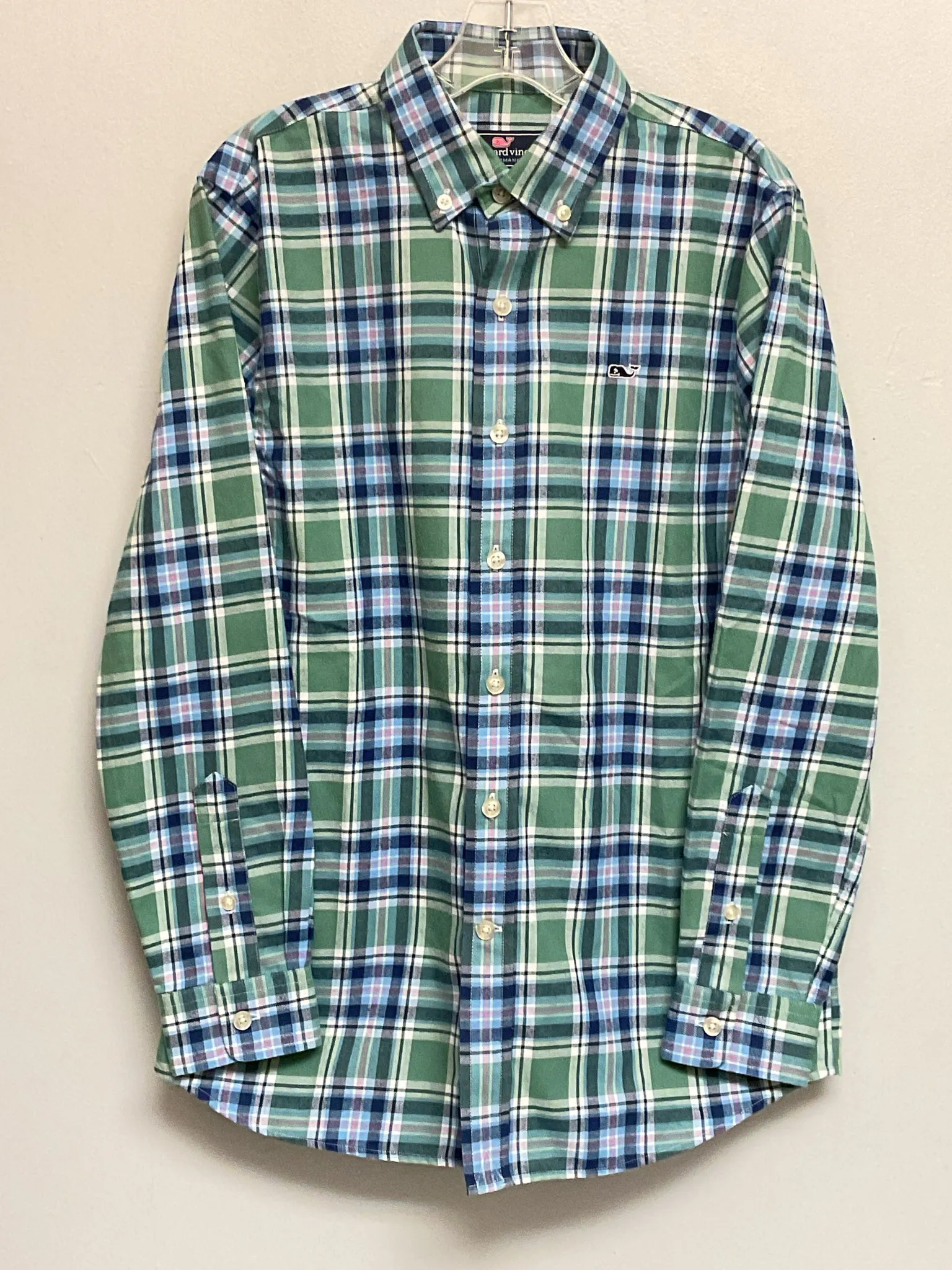 Vineyard Vines Size 12 Green & Blue Plaid Polyester Big Boys Shirts & Polos